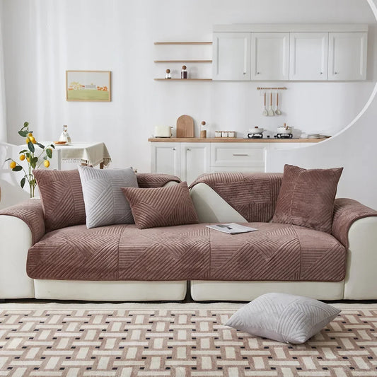 Brown Crystal Velvet Non-Slip Sofa Protector