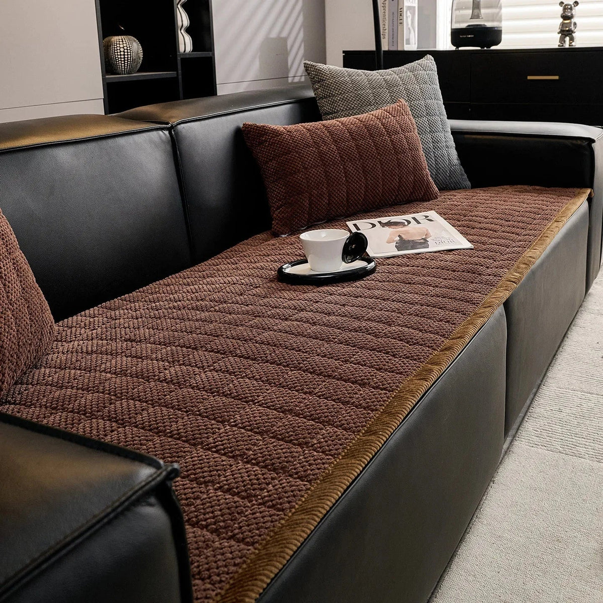 Brown Padded Corduroy Non-Slip Sofa Cover
