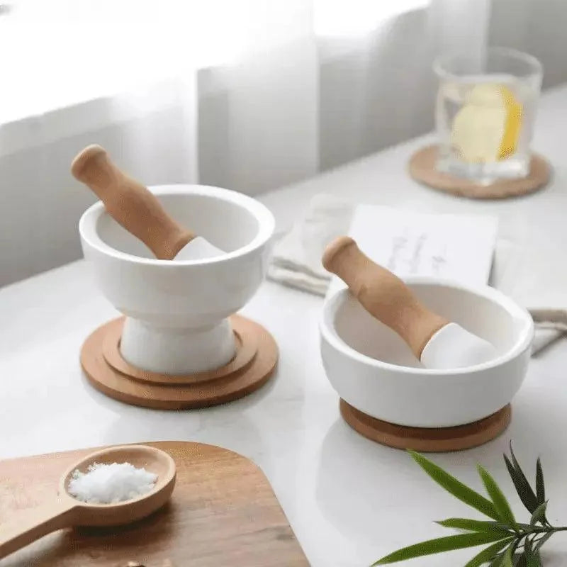Ceramic mortar and pestle with wooden base