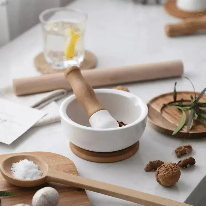 Ceramic mortar and pestle with wooden base – view 2