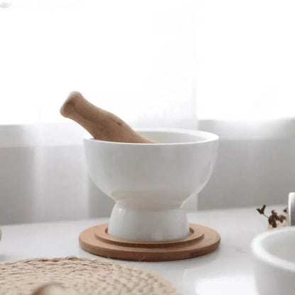 Ceramic mortar and pestle with wooden base – view 3