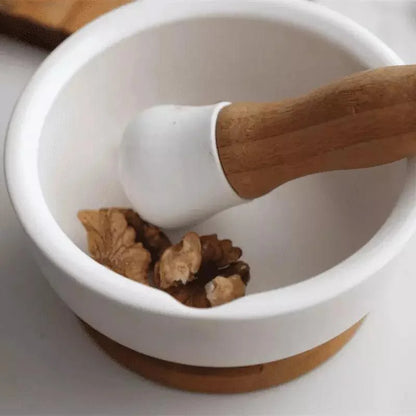 Ceramic mortar and pestle with wooden base – view 4