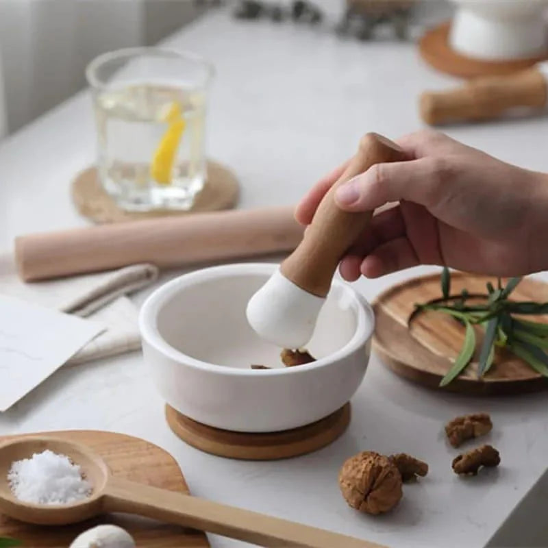 Ceramic mortar and pestle with wooden base – view 5