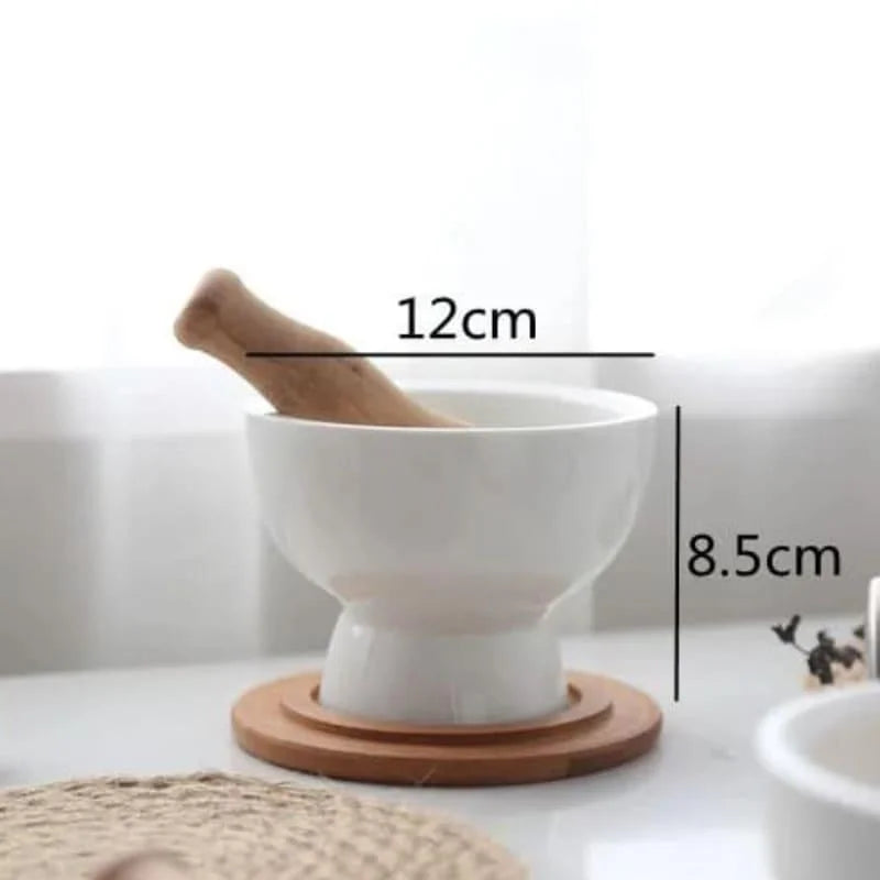 Ceramic mortar and pestle with wooden base – view 8