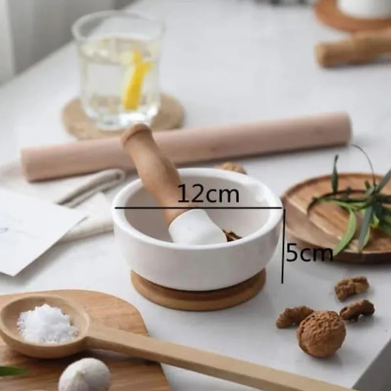 Ceramic mortar and pestle with wooden base – view 9