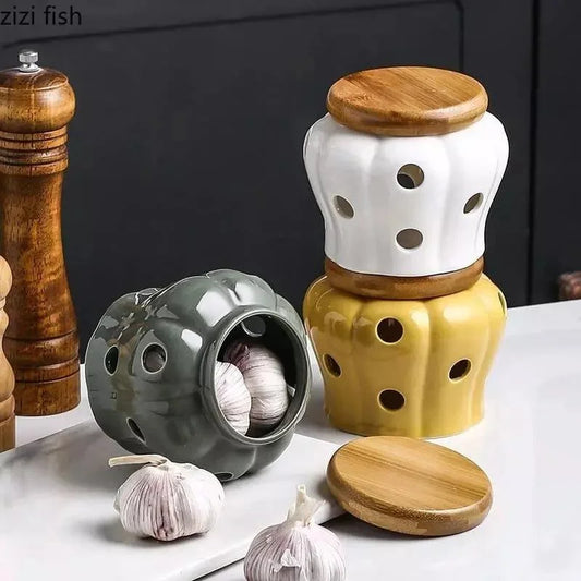 Ceramic storage jar with wooden lid