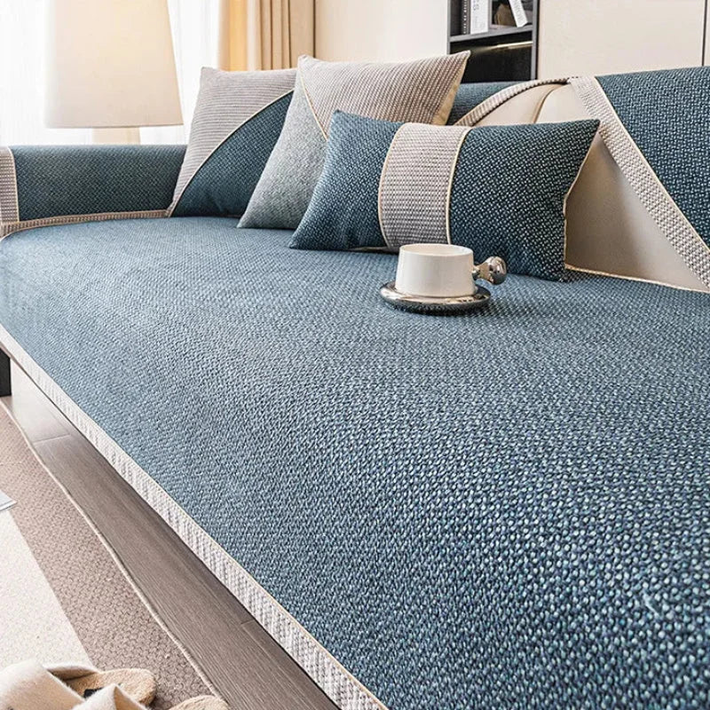 Dark Blue Cotton-Linen Non-Slip Sofa Protector