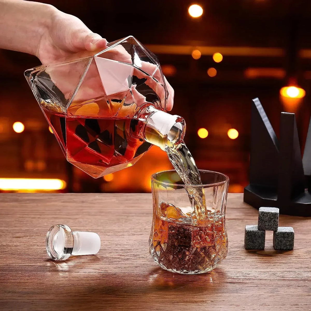 Diamond Glass Wine Decanter with Wood Stand – view 2
