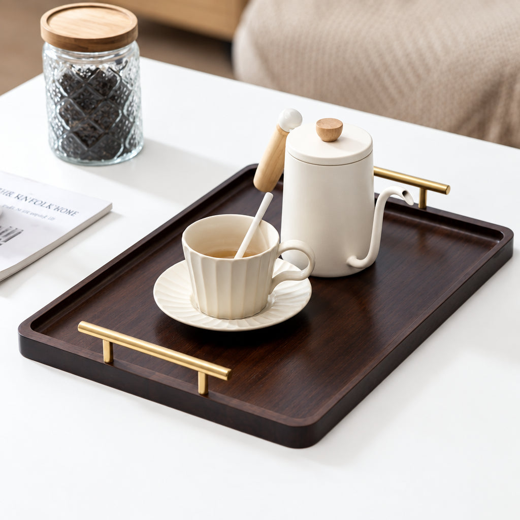 Rectangular ebony wood serving tray with handles