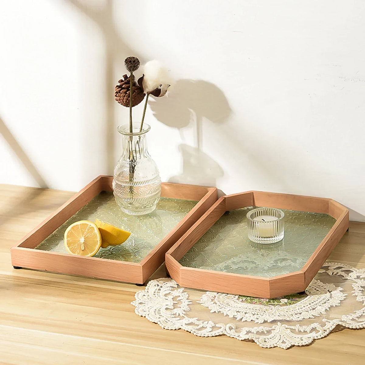 Floral Glass & Wood Decorative Serving Tray – view 4