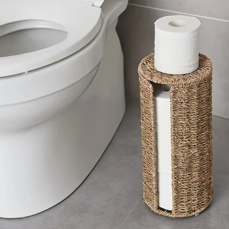 Freestanding Iron Toilet Roll Holder with Natural Fibre Weave