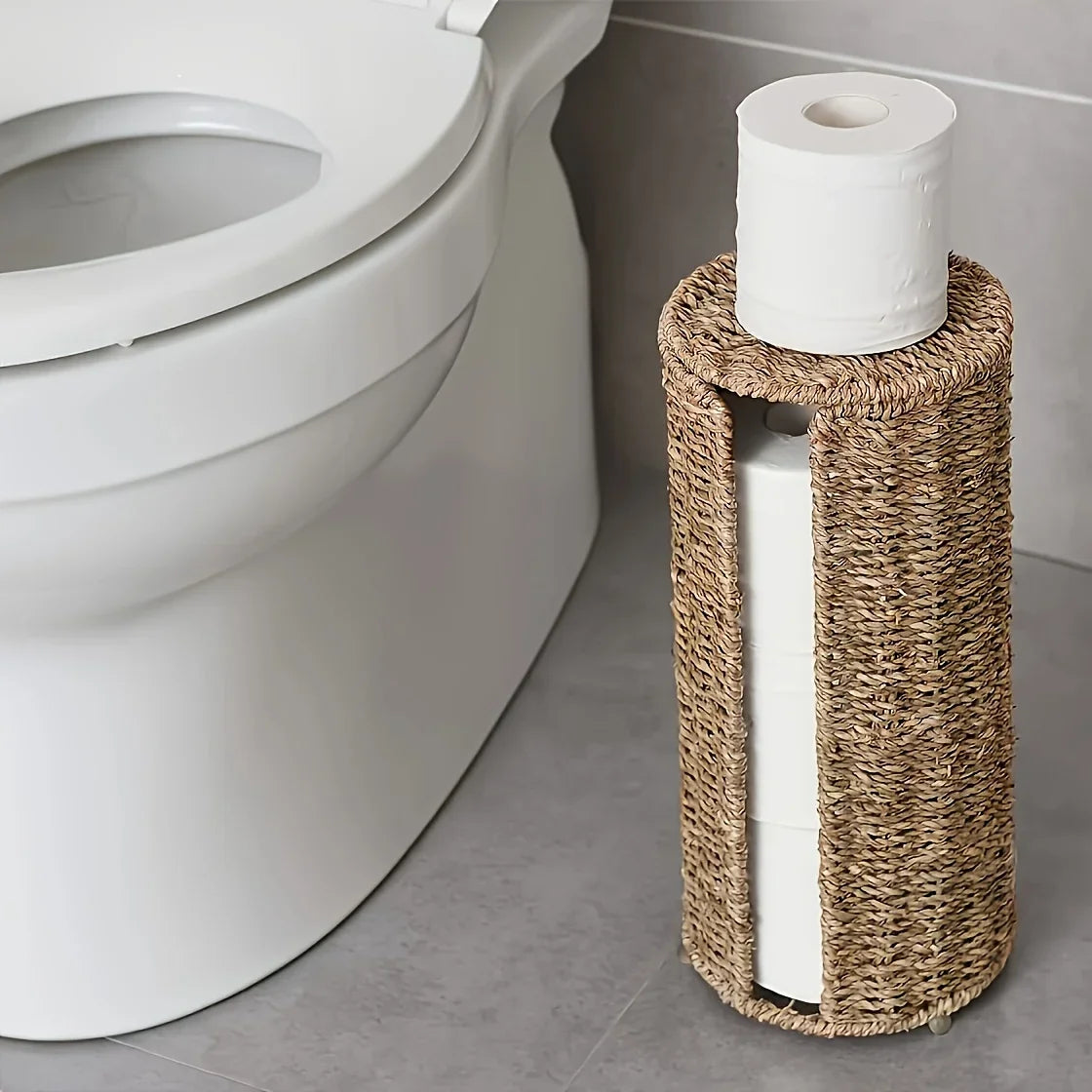 Freestanding Iron Toilet Roll Holder with Natural Fibre Weave – view 4