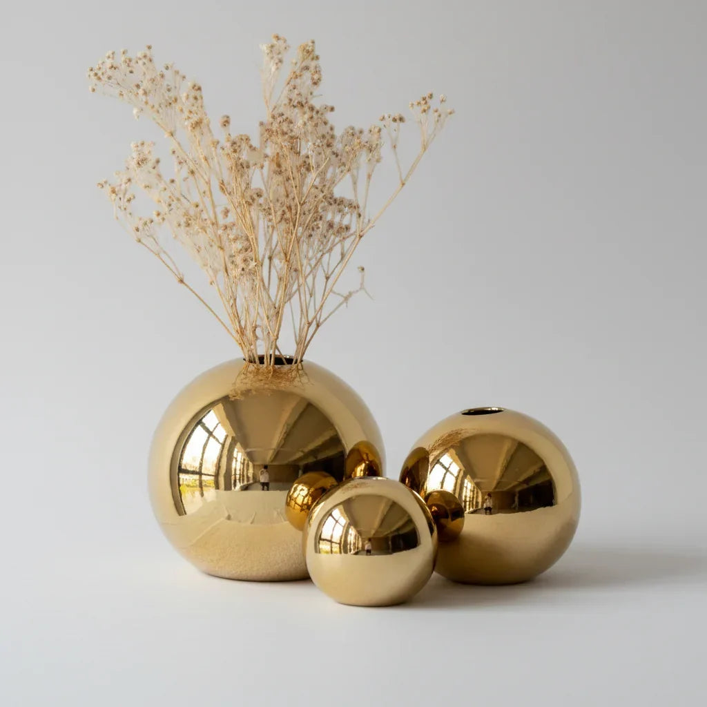 Gold-Finish Spherical Ceramic Vase – 3 Sizes or Set