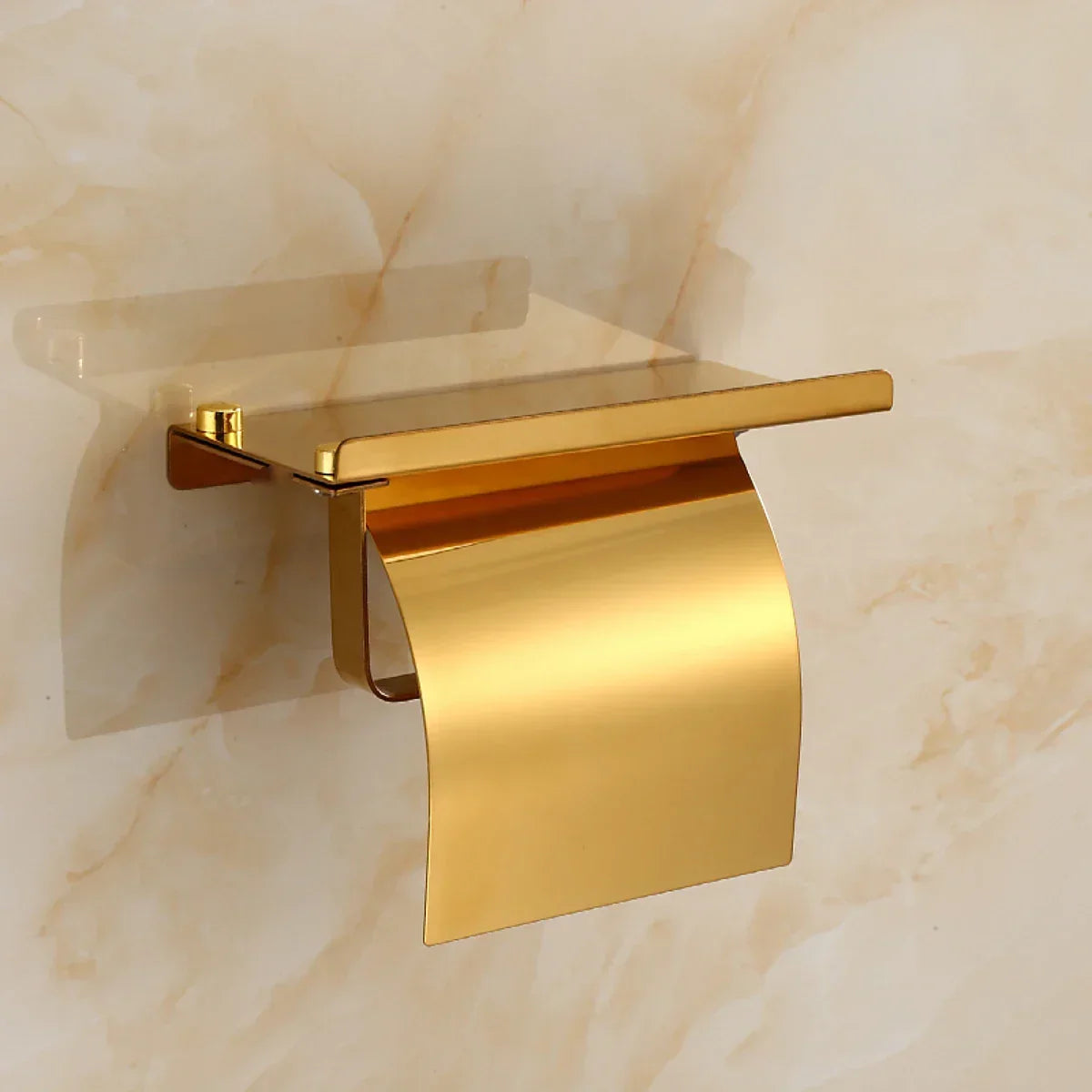 Gold Stainless Steel Toilet Paper Holder with Lid & Shelf