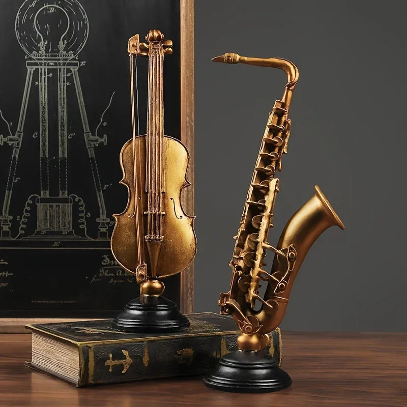 Gold Violin & Saxophone Resin Sculpture