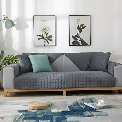 Grey Plush Check Non-Slip Sofa Protector