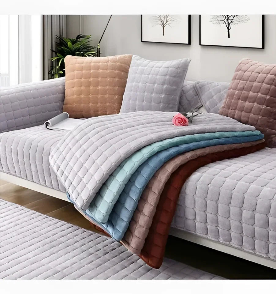 Grey Plush Check Non-Slip Sofa Protector – view 2