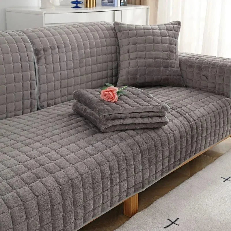 Grey Plush Check Non-Slip Sofa Protector – view 7