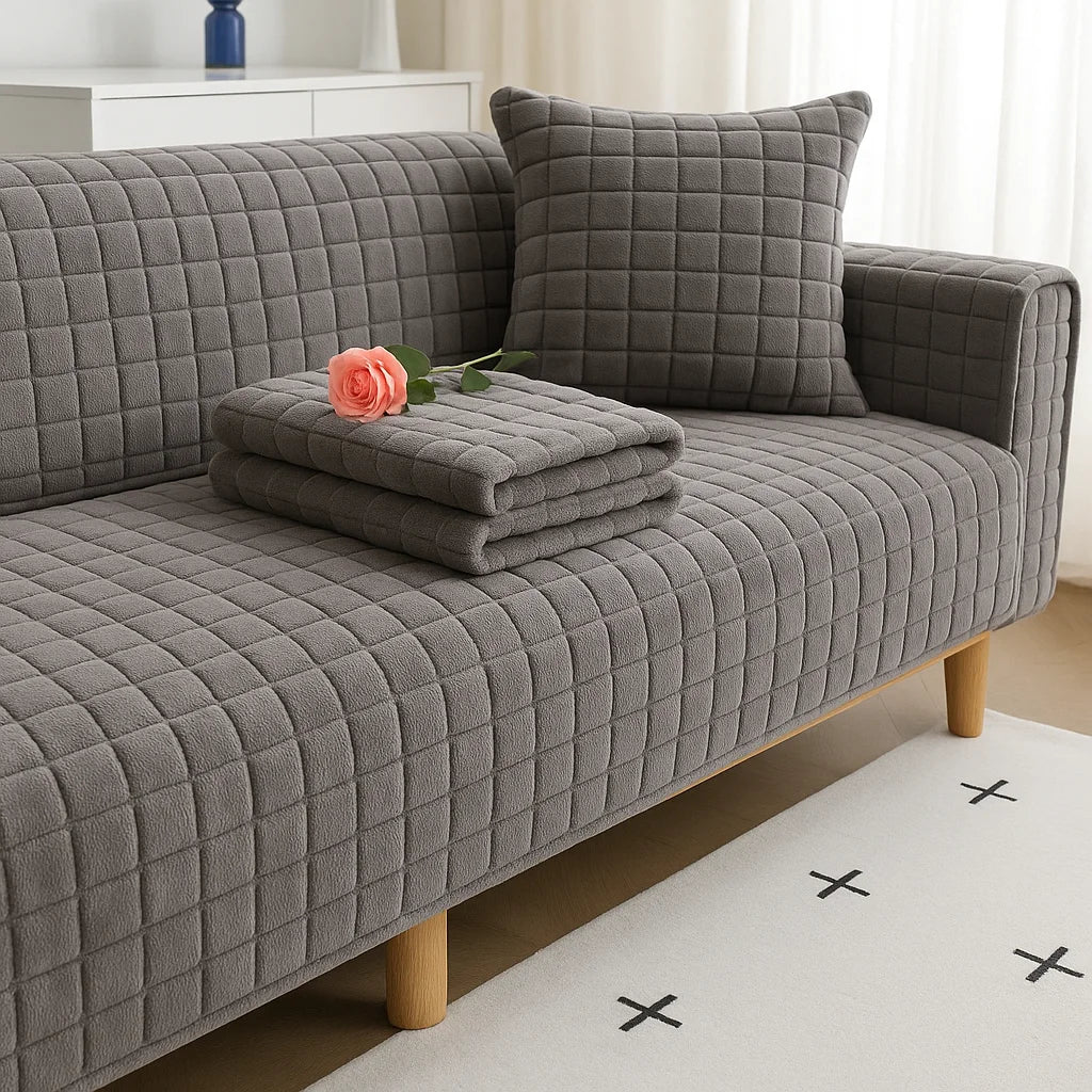 Grey Plush Check Non-Slip Sofa Protector – view 11