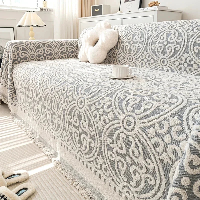 Grey and White Chenille Boho Sofa Throw