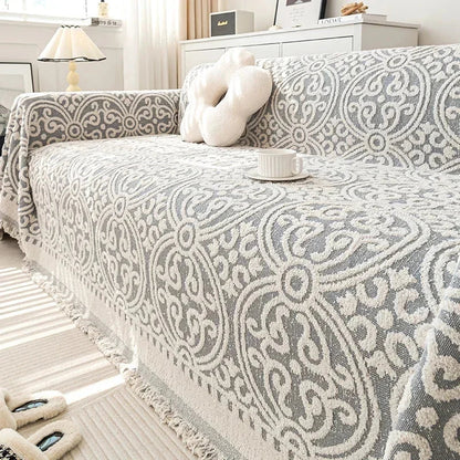 Grey and White Chenille Boho Sofa Throw