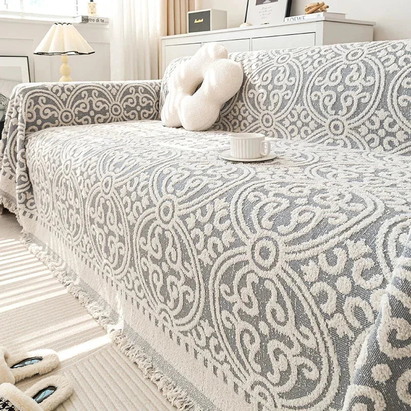 Grey and White Chenille Boho Sofa Throw – view 3