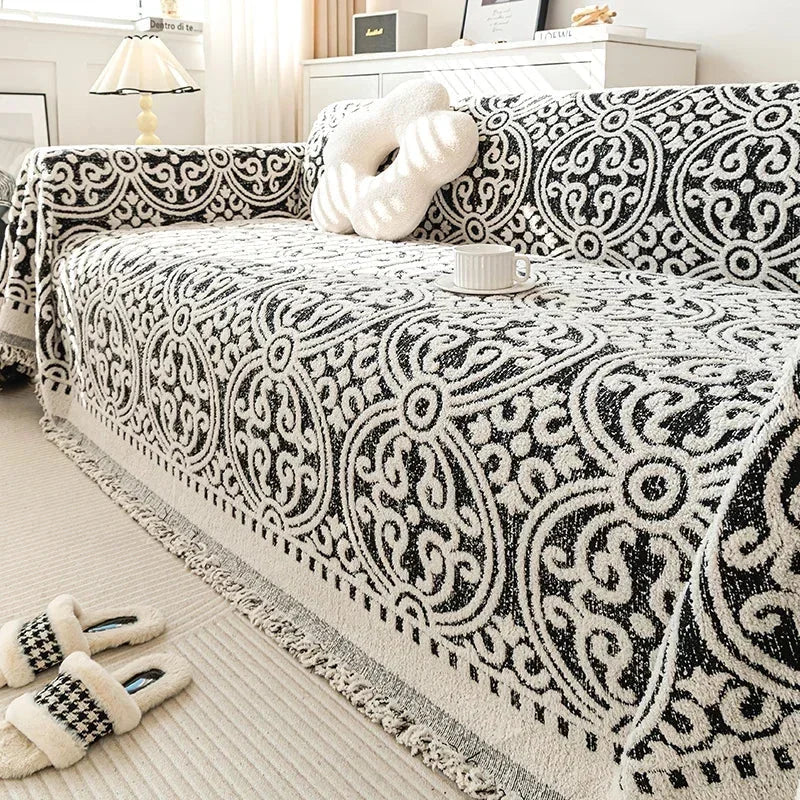 Grey and White Chenille Boho Sofa Throw – view 4