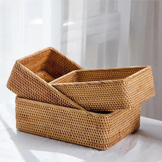 Handwoven natural rattan storage tray