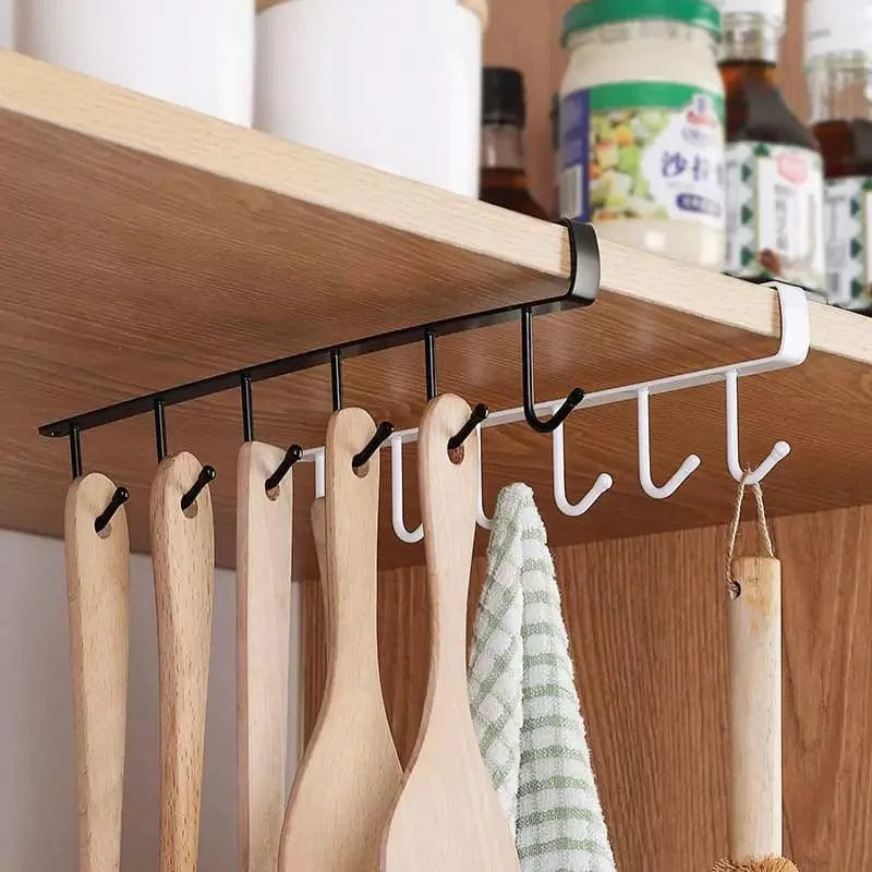 Hanging metal kitchen utensil rack with 6 hooks