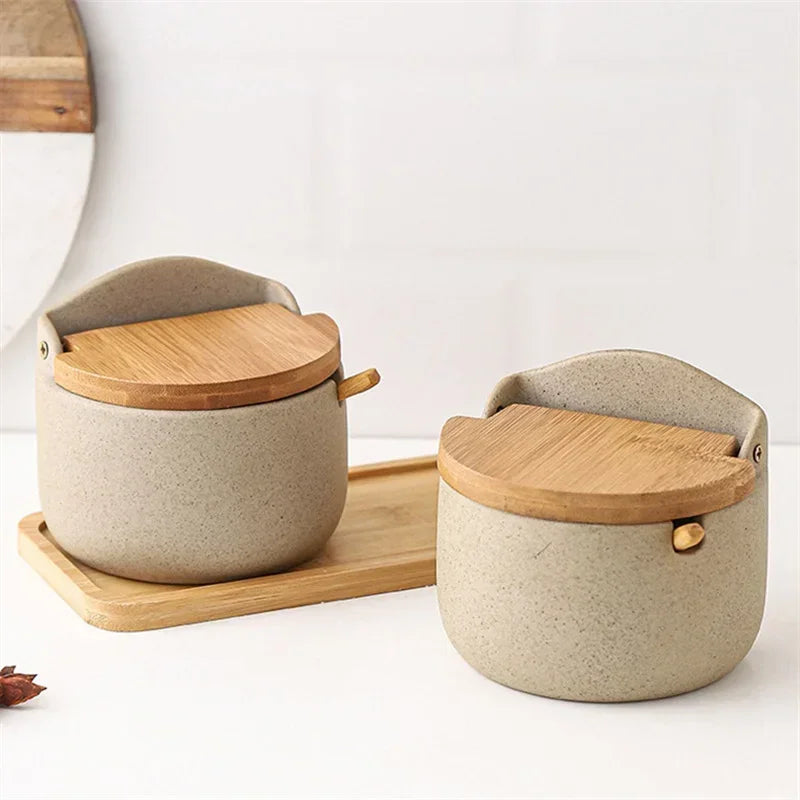 Japanese-Style Ceramic Spice Jar with Bamboo Lid