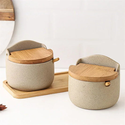 Japanese-Style Ceramic Spice Jar with Bamboo Lid