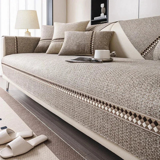 Khaki 500gsm Cotton-Linen Non-Slip Sofa Protector