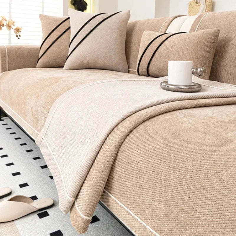 Khaki Lightweight Chenille Non-Slip Sofa Cover