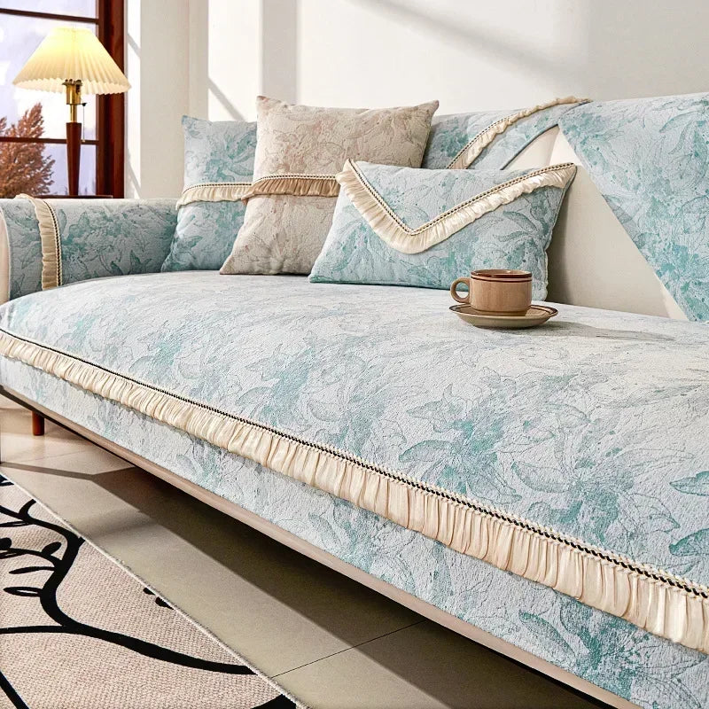 Light Blue Chenille Non-Slip Sofa Protector – Model A1