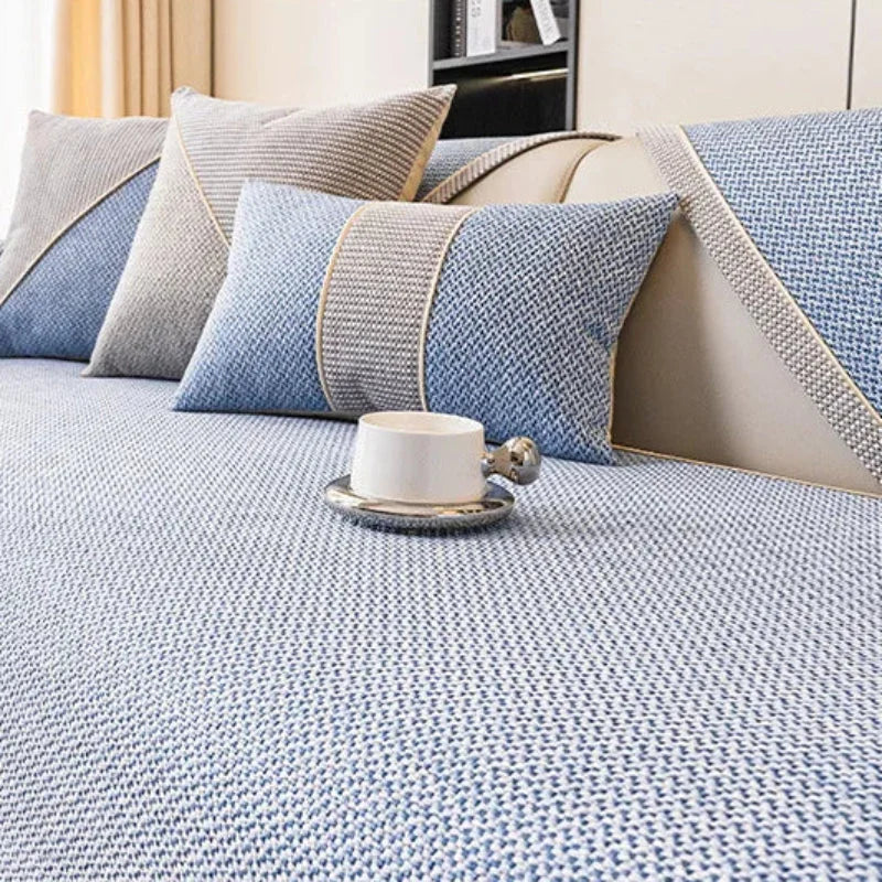 Light Blue Cotton-Linen Non-Slip Sofa Protector – view 2