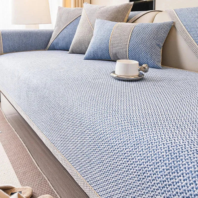 Light Blue Cotton-Linen Non-Slip Sofa Protector – view 4