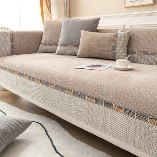 Light Brown Chenille Non-Slip Sofa Protector