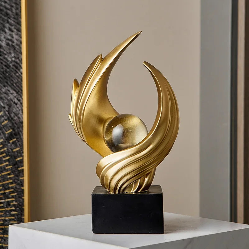Matte Gold Abstract Resin Sculpture with Crystal Sphere