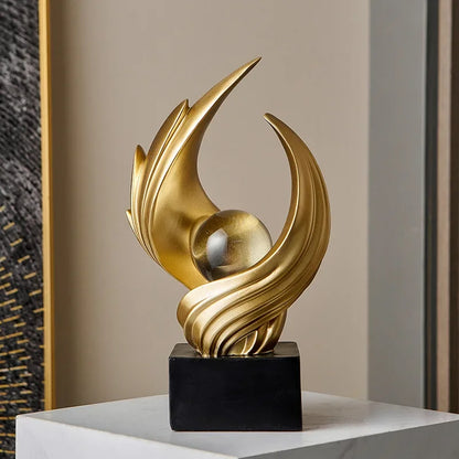 Matte Gold Abstract Resin Sculpture with Crystal Sphere