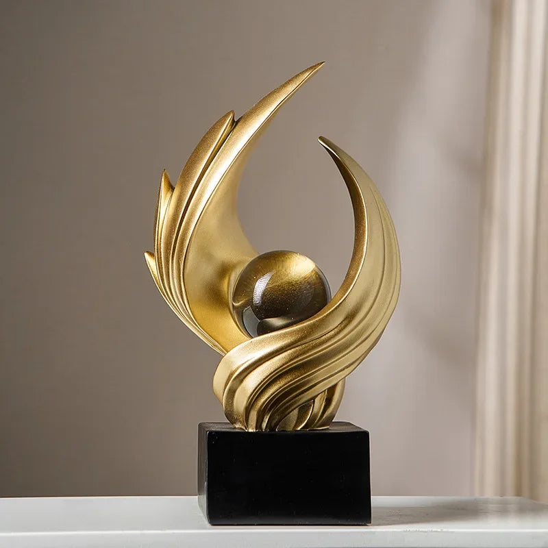 Matte Gold Abstract Resin Sculpture with Crystal Sphere – view 2