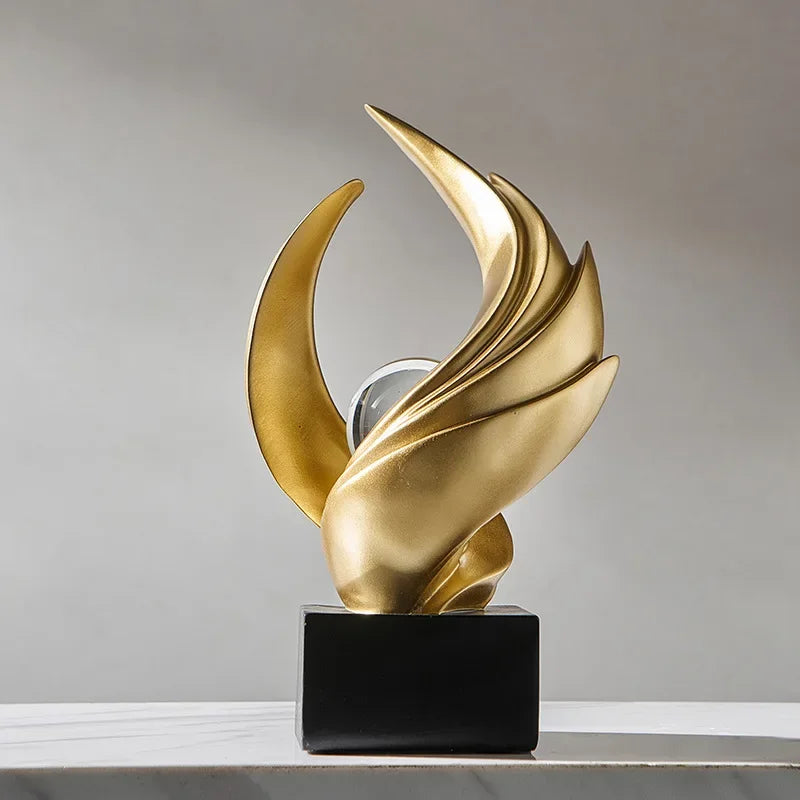 Matte Gold Abstract Resin Sculpture with Crystal Sphere – view 3