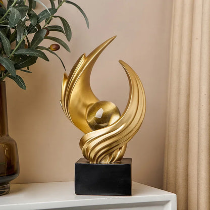 Matte Gold Abstract Resin Sculpture with Crystal Sphere – view 4