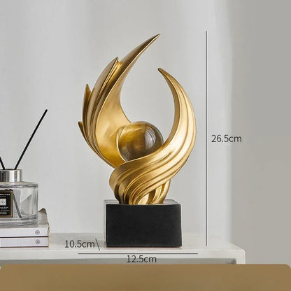 Matte Gold Abstract Resin Sculpture with Crystal Sphere – view 6