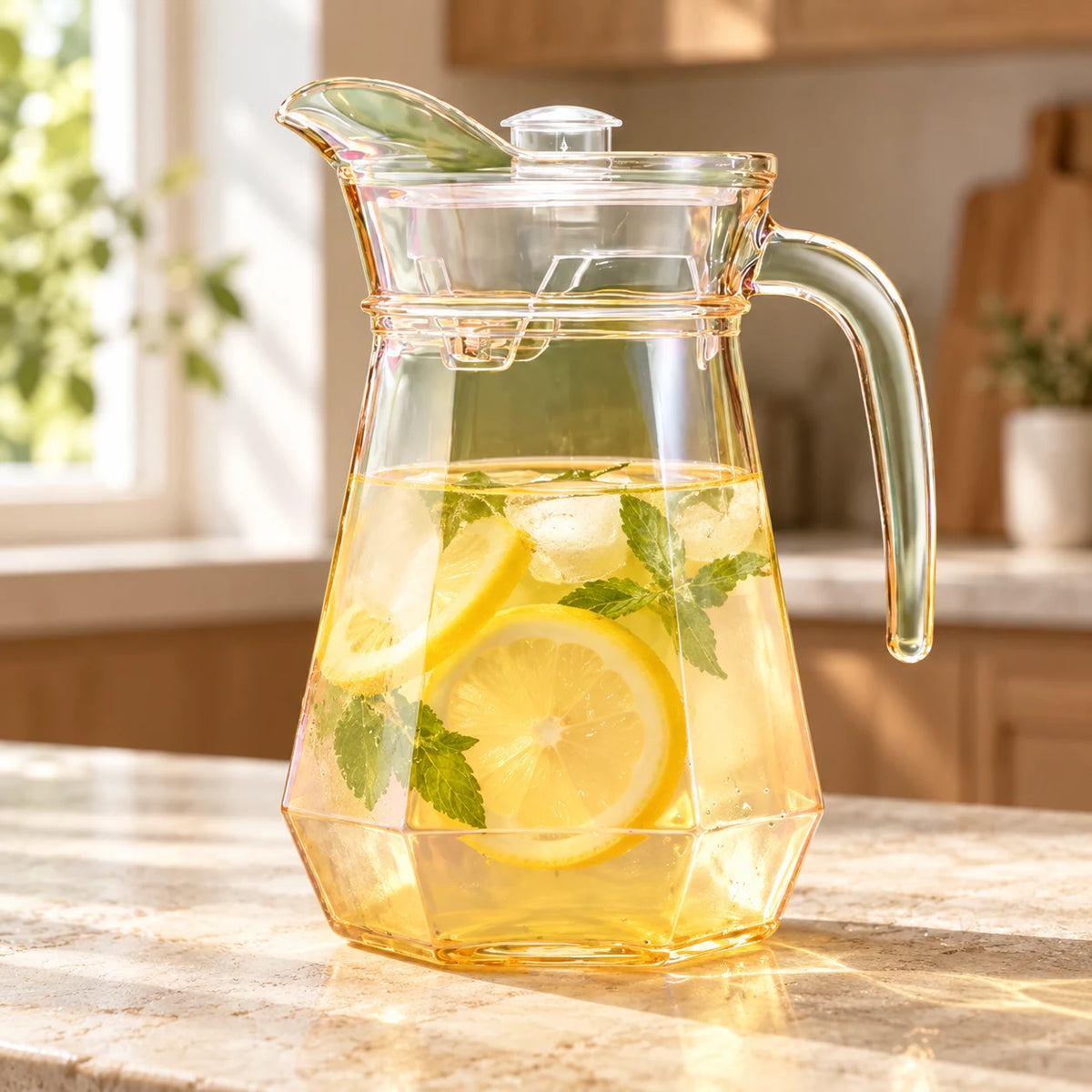 1.8L faceted glass pitcher with lid on a sunlit kitchen counter