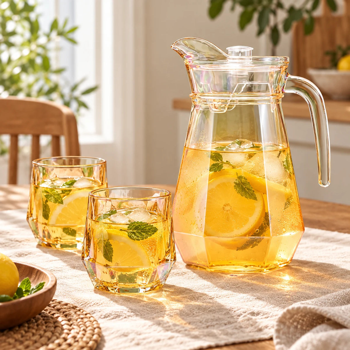 1.8L glass pitcher with two matching tumblers