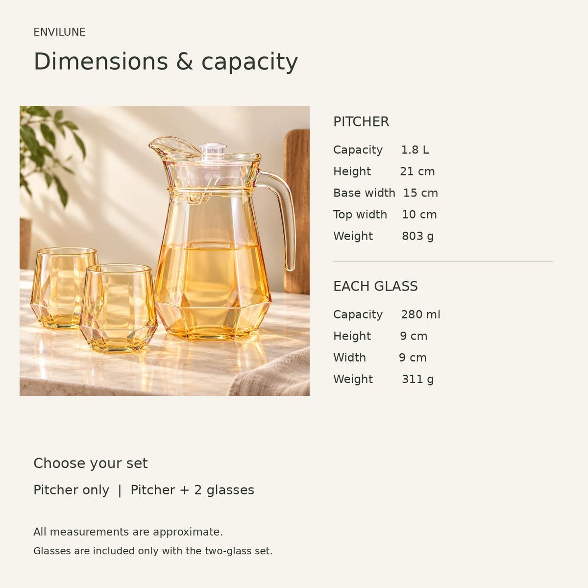 Pitcher and matching glass dimensions and capacities