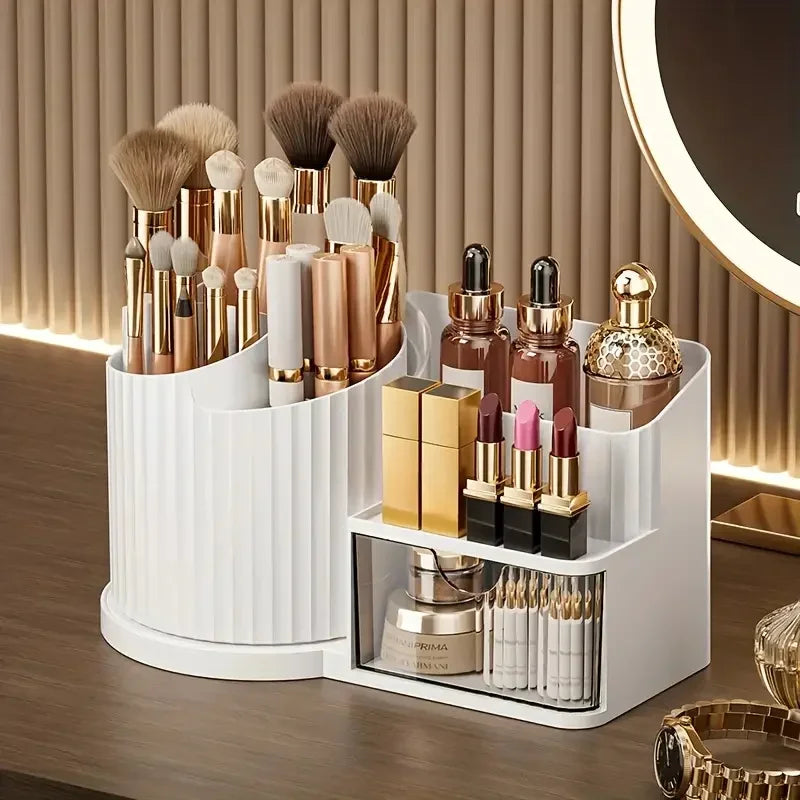 360° Rotating Makeup Organiser with Brush Holder & Drawer – view 3