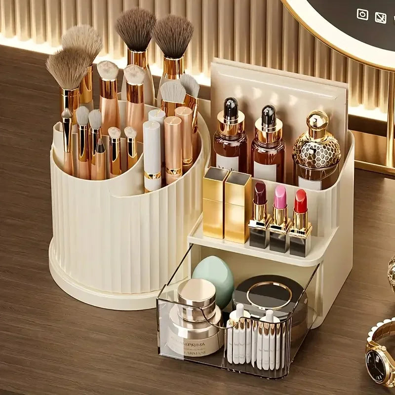 360° Rotating Makeup Organiser with Brush Holder & Drawer – view 4