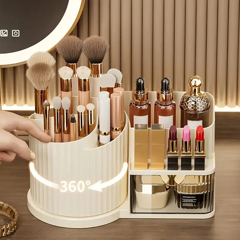 360° Rotating Makeup Organiser with Brush Holder & Drawer – view 5