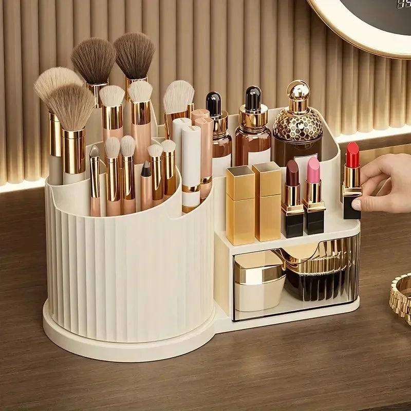 360° Rotating Makeup Organiser with Brush Holder & Drawer – view 6